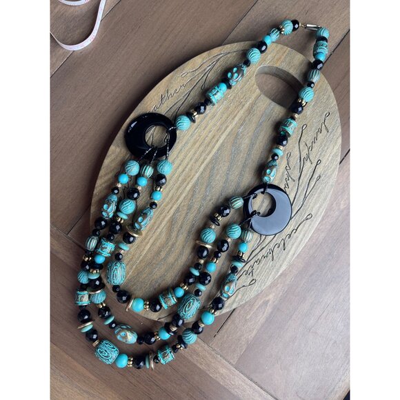 Jewelry - Vintage Multicolor Layered Beaded Statement Necklace - Bohemian Chic Turquoise